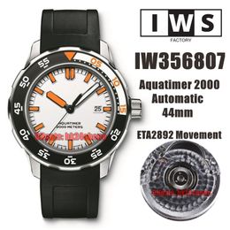 IWSF Top Quality Watches 44mm Aquatimer 2000 Stainless Steel ETA Cal.2892 Automatic Mens Watch 356807 White Dial Rubber Strap Gents Wristwatches