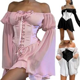 Belts Women Vintage Long Puff Sleeve Bandage Corset Waist Trainer Solid Colour Lacing Strappy Cincher Shaper With Chest SupportBelts BeltsBel