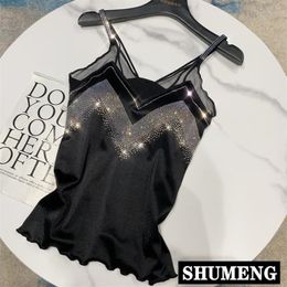 Ins Supre Fire Autumn Women's Drilling Shoulder Strap Mesh Stitching Sexy Mercerized Cotton Camisole Women Tube Top 220316