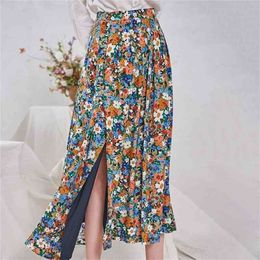 New Women Flower Pleated Skirt Cotton Colourful Floral Print Buttons Elegant Split Long Skirts 210331