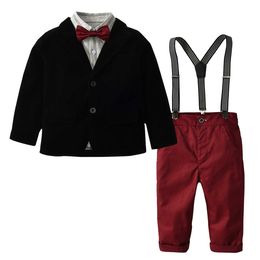 Stripe Fashion Boys Outfits Kids Lapel Long Sleeve Shirt+blazers Outwear+suspender Pants+Bows Tie 4pcs Sets Children Gentleman Sets