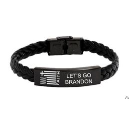 Party Supplies Let's Go Brandon American Flag Faith Stainless Steel Woven Leather FJB Bracelet JLE13680