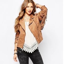 womens fashion basic jackets button pockets tassel suede bomber jackets winter coats Brown Tassel outerwear 201023