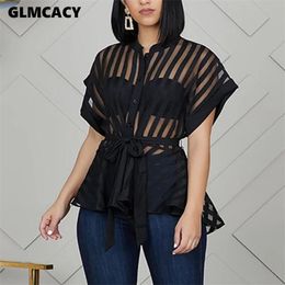 Women Summer See Through Striped Peplum Tops Mesh Shirt Blouse Elegant Streetwear Sexy Classy Party Clubwear T200320