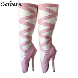 Sorbern Pink And White Knee High Boots Women 18Cm Ballet High Heel Shoes Sm Unisex Booties Custom Wide Fit Leg Back Zipper