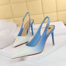 BIGTREE 2022 New Sexy blue Colour Matching Pumps Sandals Female Pointed 9.5CM high heel Stiletto hollow Dress shoes G220425
