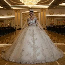 Arab Dubai Ball Gown Wedding Dresses Luxury Long Sleeves Appliqued Crystal Beads Bridal Gowns V Neck Custom Made Vestidos De Novia PRO232