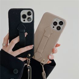 Necklace Lychee Pattern Leather Phone Case for iPhone 13 12 11 Pro Max 7 8 SE2 SE3 Rope Bracelet Finger Holder Solid Color Protective Shell Shockproof