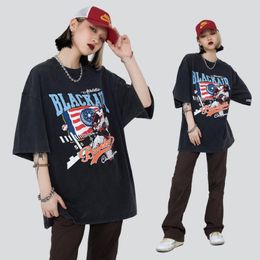 Women's T-Shirt Sports Letter Print Retro Loose Short Sleeved T Shirt Men Street Wear Vintage Fashion Clothing Women Oversized Tees