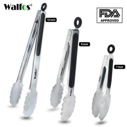 WALFOS BBQ Grilling Tong Salad Serving Food Tong Stainless Steel Metal Kitchen Tongs Barbecue Cooking Locking Tong 201116