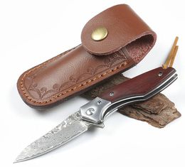New Damascus Flipper Folder Knife VG10 Damascus Steel Blade Rosewood + Steels Head Handle Ball Bearing EDC Pocket Knives With Leather Sheath