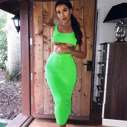 Dulzura neon ribbed knitted women two piece matching co ord set crop top midi skirt sexy festival party summer clothing 220602