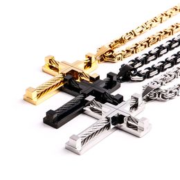 3 Colour Men's Cross Necklace Large 316L Stainless Steel Wire Christian Cross Pendant Byzantine Chain King 5mm 24'' Heavy Cool Gifts