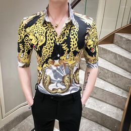 Loldeal Korean Sexy Leopard Print Shirt Men Half Sleeve Summer Slim Fit Floral Shirts Night Club Party Prom Tuxedo Dress Men's Casual