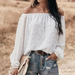 Women's Blouses & Shirts 2022 Women Top Sexy Blouse Off Shoulder Long Sleeve Solid Color White Shirt Puff Ruffle Tunic Crop Summer Tube