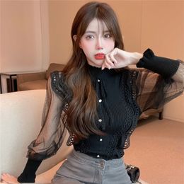 Sexy Long Sleeve Stand Black Chiffon Shirts Short Slim Vintage Blusas Mujer Patchwork Blouse White Mesh Dot Polka Knitted Top 220407