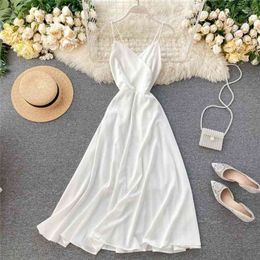 Summer Women s Dress Style V neck Suspender Halter Strap Mid calf Solid Color Thin Waist Female es GX050 210507