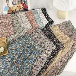 summer fashion folds over the knee beach skirt sweet retro floral Vintage skirt for womens Korean midi pleated skirt women 210311
