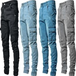 Celana Pensil Pria Jeans Eropa Terbaru Celana Denim Katun Kasual Lubang Tertekan Sobek Celana Fashion Baru Kargo Saku Samping 220817