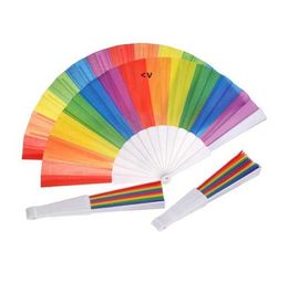 Folding Rainbow Fan Rainbow Printing Crafts Party Favour Home Festival Decoration Plastic Hand Held Dance Fans Gifts by sea BBE14051