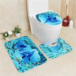 Flannel Printing Thickening and Warm 3D Cartoon Bathroom Slip-proof Toilet Cushion Three-piece Set bathroom carpet bath mat 210401