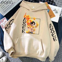 One Piece Hoodie Gevşek UNISEX Sonbahar Anime Stil Hoodie Ace Baskı Külkü G220429