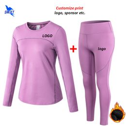 Winter Warm Fleece 2Pcs Sport Suit Women Gym Fitness Quick Dry Stretch Yoga Running Set Sportswear Workout Tracksuit Custom 220615