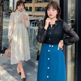 Casual Dresses Women'S Spring V-Neck Solid Color Lace Dress Plus Size Calf Length Wear 100 Kg Can Be Worn