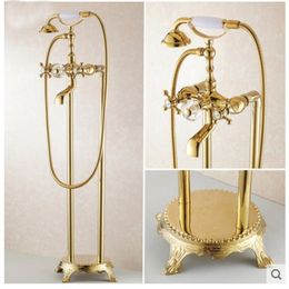 floor mounted tub Australia - Luxury Bathtub Faucets Golden Finish Brass Body Shower Faucet Floor Mounted Tub Filler Mixer Tap W  Hand Tap2713