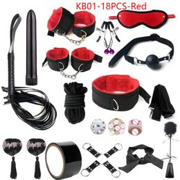 Beauty Items Adult SM BDSM Kits Adults sexy Toys For Women Handcuffs Whip Nipple Clamps Spanking Metal Anal Plug Vibrator 18PCS Red