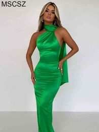 Halter Backless Satin Midi Bodycon Dress Women Elegant Long Party Dresses Chic Woman Evening Dress Gowns Green Orange T220816