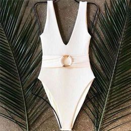 Neon Bikini Women White Swimwear V Neck Swimsuit Female Bather Bathing Suit With Belt Push Up Body Suit Monokini 210407