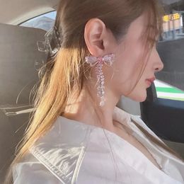Dangle & Chandeliertrendy Korean Luxury Elegant Pink Cystal Bowknot Drop Earrings For Women Girls Fashion Rhinestone Long Pendientes Jewellery