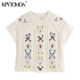 KPYTOMOA Women Fashion Floral Embroidery Cropped Knitted Sweater Vintage O Neck Short Sleeve Female Pullovers Chic Tops 210203