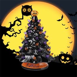 Halloween Christmas Ceramic Tree with Orange and Purple LightsTabletop Decor Tree with Pumpkin Top and Halloween Tree Collar 201006