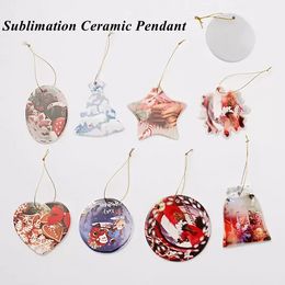 Christmas Decorations Sublimation Blanks Ornaments White Ceramic 3 Inch Round Heart Star Tree Porcelain Pendants with Gold StringTags Party Favour FY4353 P0826