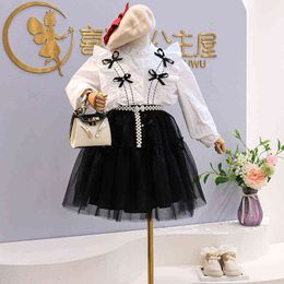 Girls' Bow Tie Shirt and Mesh Skirt Two-piece Suit Toddler Clothes Kids Boutique Clothing Wholesale Kids Clothes Fashion Clothes