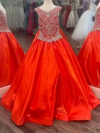 Red Organza Girl Pageant Dress 2022 Ballgown Beading Crystals AB Stones V-Neck little Kid Birthday Formal Party Gown Toddler Teens Preteen Floor-Length Little Miss