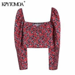 KPYTOMOA Women Fashion Floral Print Cropped Blouses Women Vintage V Neck Long Sleeve Back Elastic Female Shirts Chic Tops 210303