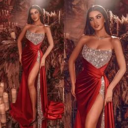 Красное вечернее платье русалки без рукавов с блестками и блестками, сексуальное платье для выпускного вечера с разрезом по бокам, вечернее платье больших размеров