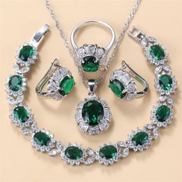 925 Mark Bridal Necklace And Earrings Jewelry Sets For Women Fashion Wedding Dress Costume Green Zircon Charm Bracelet And Ring 220715