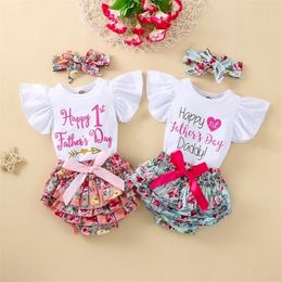 0324 Lioraitiin Father's Day Lovely Baby Girls 3pcs Clothes Sets Fly Sleeve Letter Printed RomperFloral Shorts Headband 220602