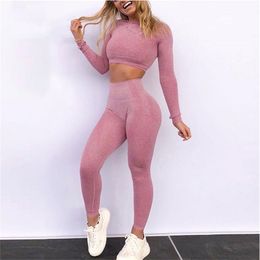 2 piece Sports Shirts Crop Top Seamless Leggings Sport Set Gym Clothes Fitness Tracksuit Workout Set Seamless Yoga Suit T200628
