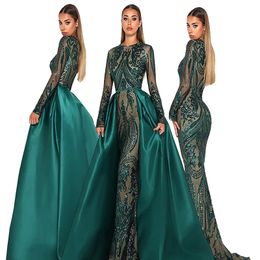 Vintage Dubai Mermaid Evening Dress With Detachable Train Muslim Sequin Prom Dresses Emerald Green 2022 Long Sleeve Formal Party Gowns Abaya Caftan robe de mariage