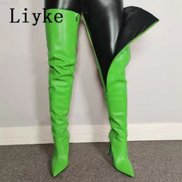 Liyke 2022 New Green Leather Over The Knee Thigh High Boots Women Sexy Pointed Toe Zip 11.5CM Heels Nightclub Stripper ShoesT220718