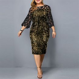 Plus Size Dress for Women Autumn Elegant Sequin Evening Party Dress Ladies Long Sleeve Casual Dres Clothing 4XL 5XL 220527