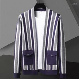 Men's Sweaters Trendy Purple Striped Cardigan Men Korean Fashion Color Contrast Pocket Sweater Knit Plus Size Black Loose Olga22