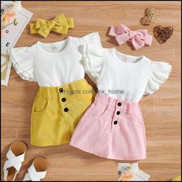 Clothing Sets Kids Girls Outfits Children Pit Stripe Flying Sleeve Topsandcorduroy Skirtsandheadband 3Pcs/Set Sum Mxhome Dhy7O