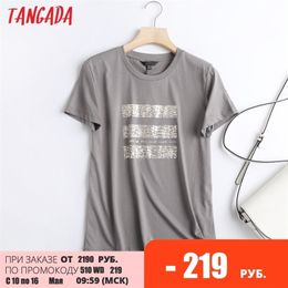 Tangada VWomen Grey Print Cotton T Shirt Short Sleeve O Neck Tees Ladies Casual Tee Shirt Street Wear Top 6D09 220514