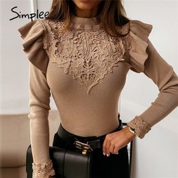 Ruffle flower slim knit sweater Lace Khaki long sleeve Pullover winter High street fashion comfortable sweater LJ201127